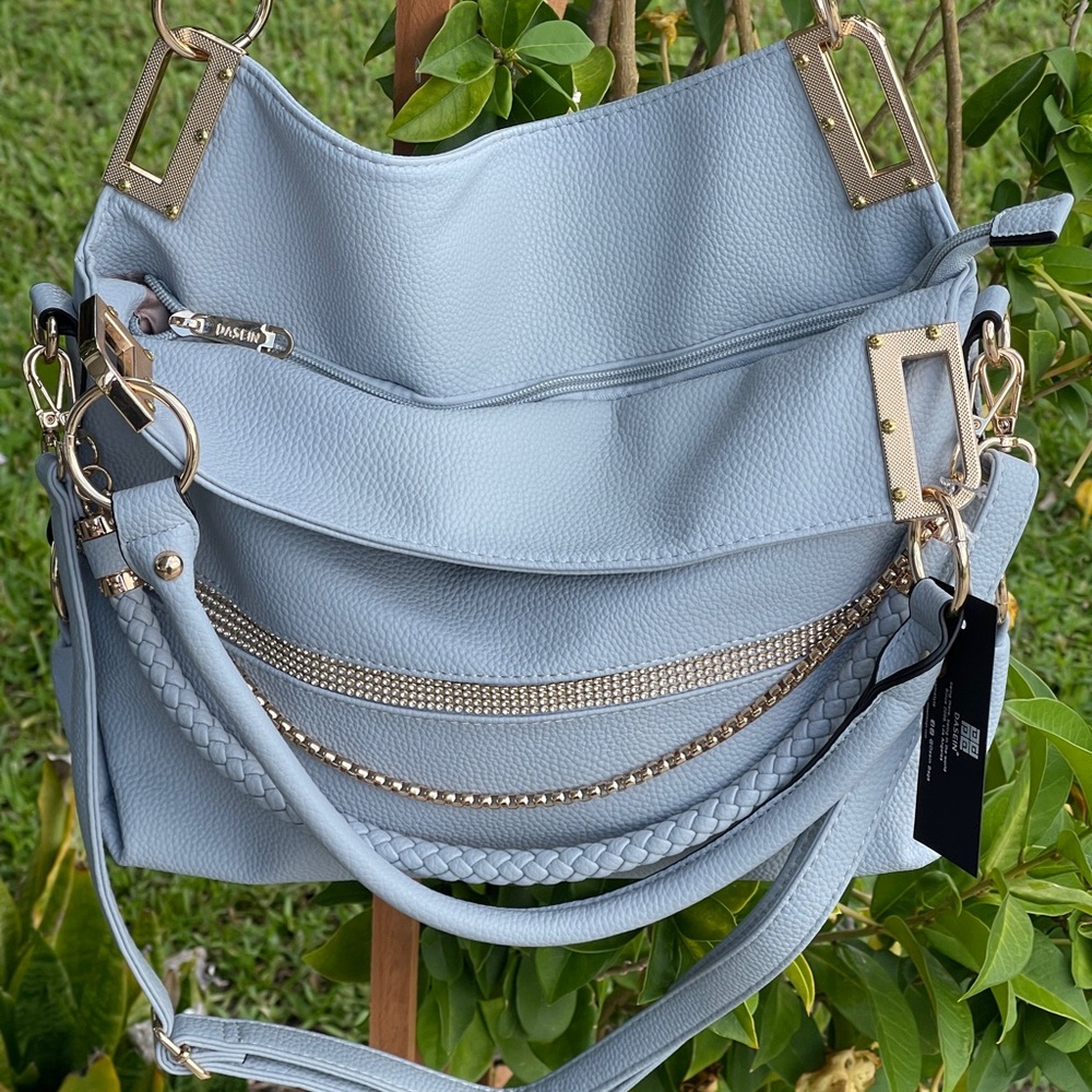 Stylish Light Blue Handbag with Gold Accents - Picture 8 of 15